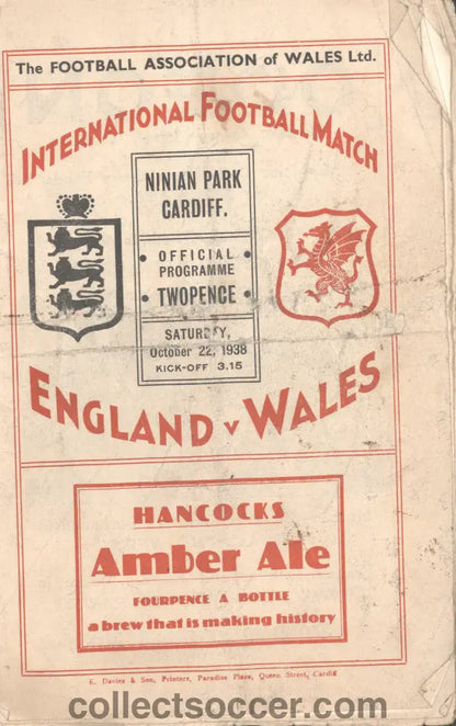 1938 Played at Cardiff City Wales v England Programme signed by Horace Cumner of Arsenal on his debut