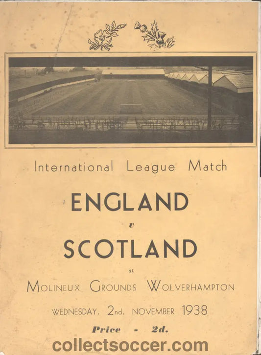 1938 Played at Wolverhampton Football League v Scottish League Official Programme 2/11/1938
