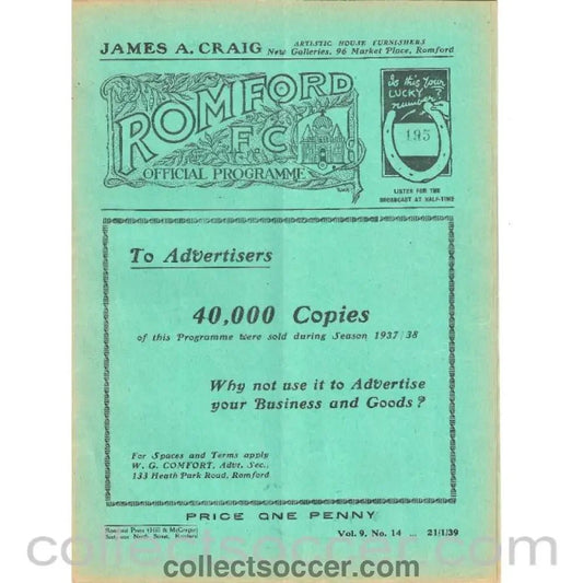 1939 - Romford v Hayes 21/1/1939 Official Football Programme - Collect Soccer