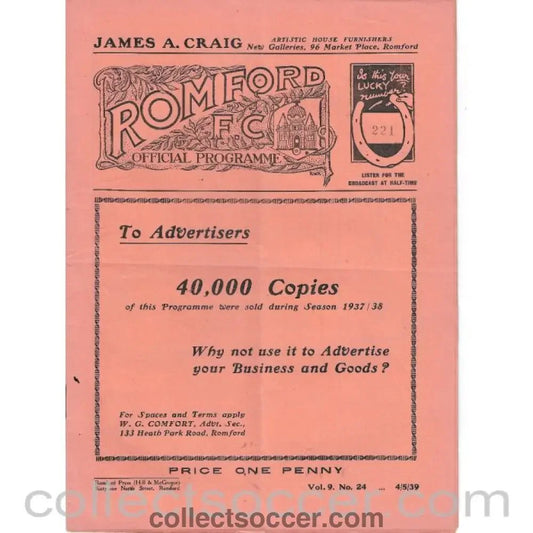 1939 - Romford v Walthamstow Avenue 4/5/1939 Official Football Programme - Collect Soccer