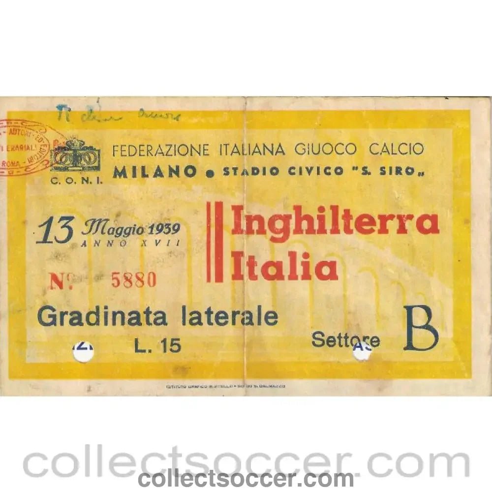 1939 Very Rare Italy v England ticket - Collect Soccer