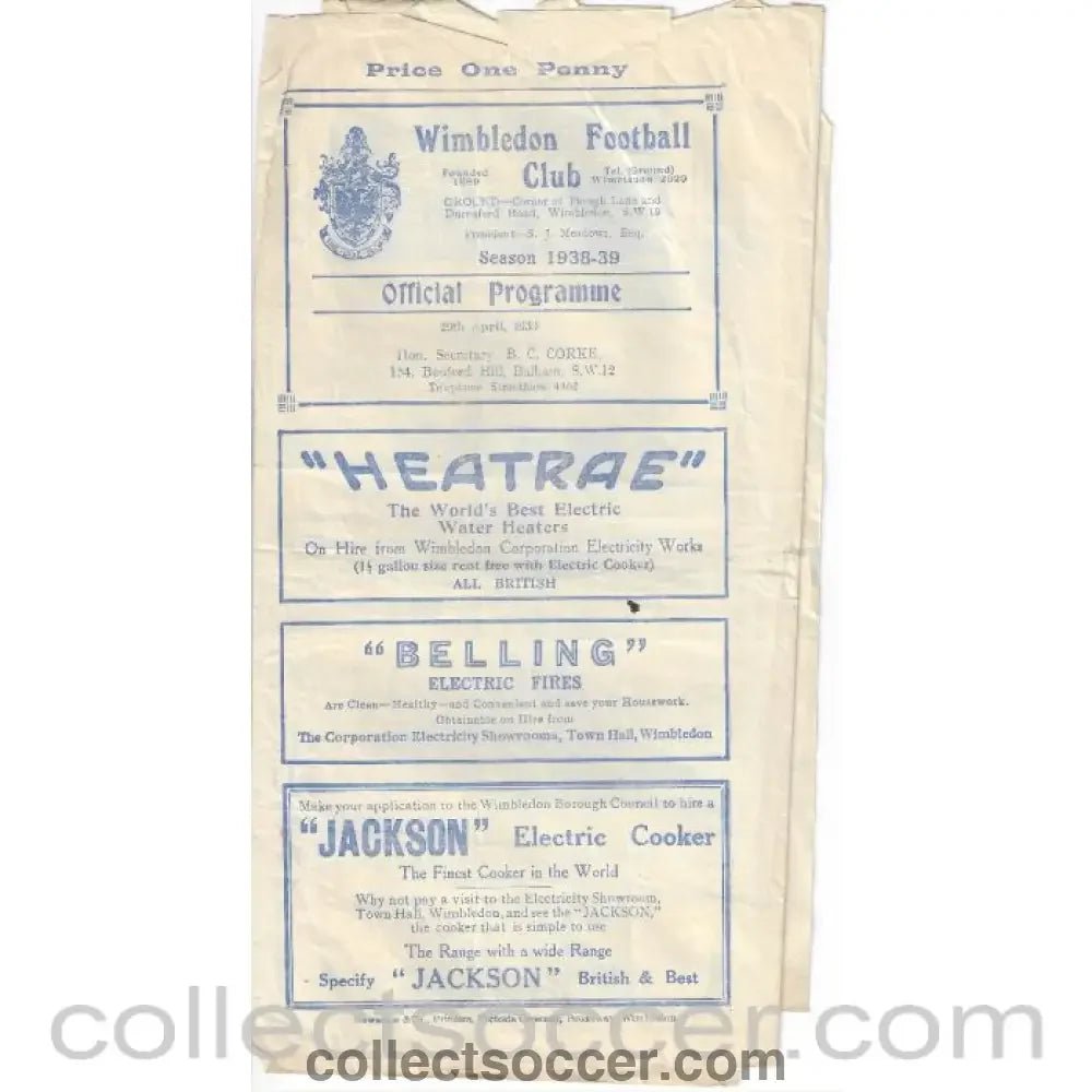 1939 - Wimbledon v Dulwich Hamlet 29/4/1939 Official Programme - Collect Soccer
