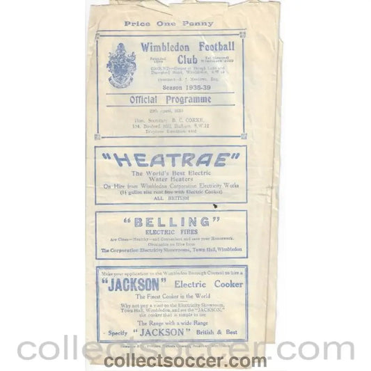 1939 - Wimbledon v Dulwich Hamlet 29/4/1939 Official Programme - Collect Soccer