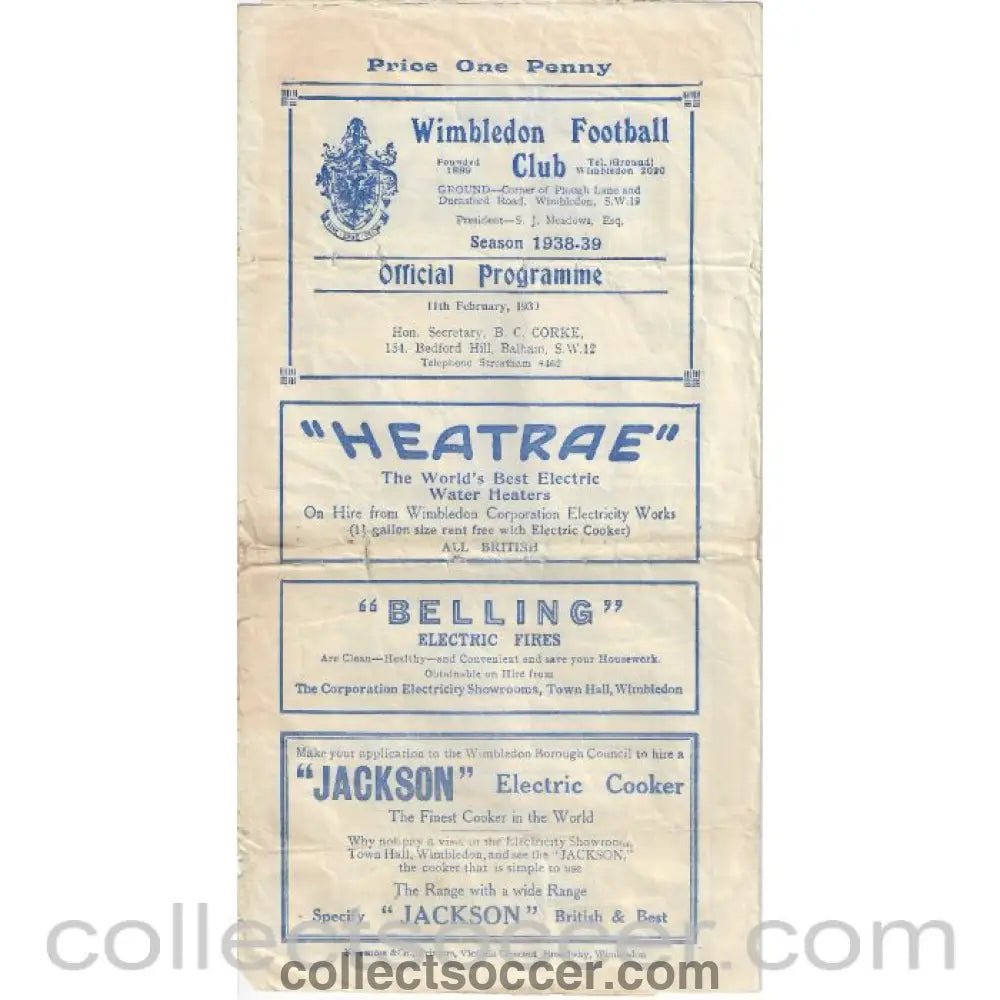 1939 - Wimbledon V P.O.Engineers SSC 1st Round 11/2/1939 Official Programme - Collect Soccer