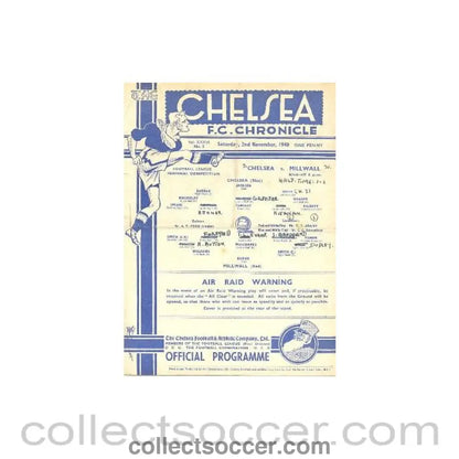 1940 - Chelsea v Millwall official programme 02/11/1940 Football League