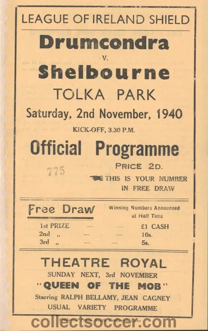 1940 Drumcondra v Shelbourne League of Ireland Shield Programme - Collect Soccer