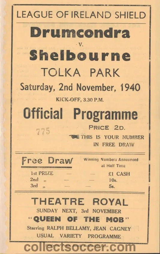 1940 Drumcondra v Shelbourne League of Ireland Shield Programme - Collect Soccer
