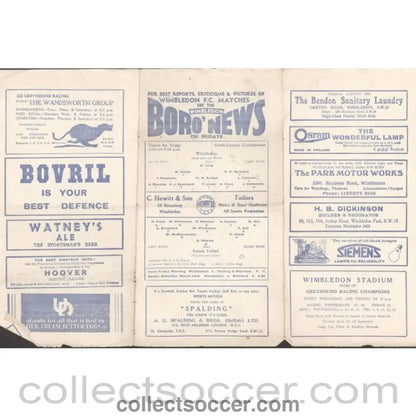 1940 - Rare War League Official Programme Wimbledon v Sutton United 16/3/1940 - Collect Soccer