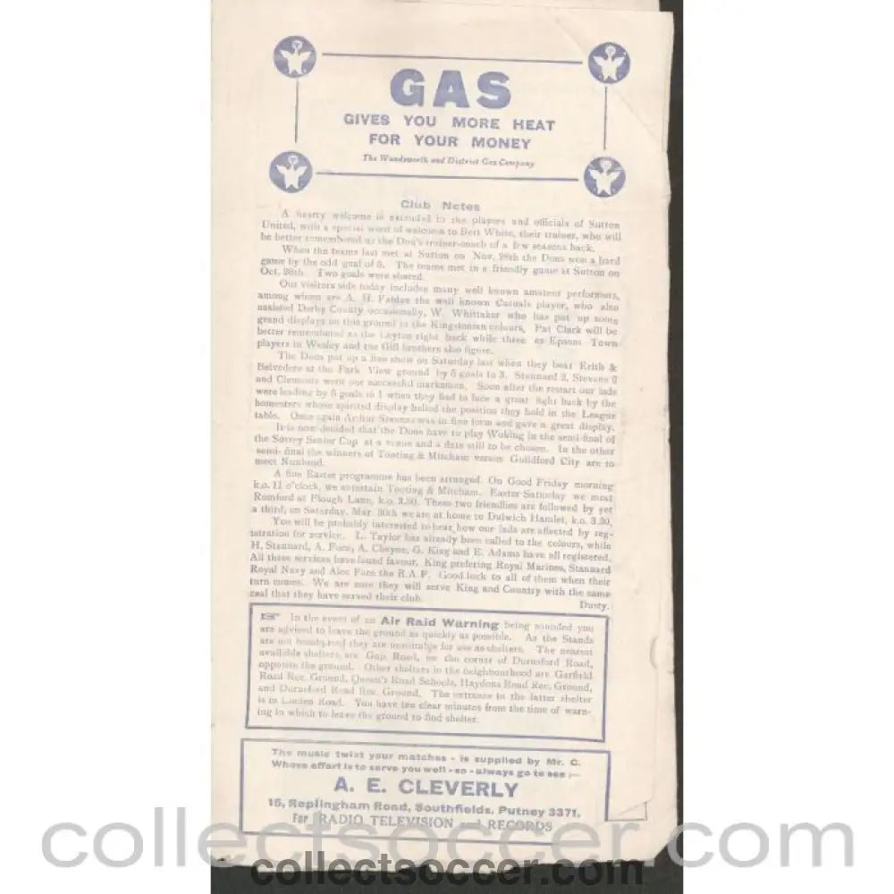 1940 - Rare War League Official Programme Wimbledon v Sutton United 16/3/1940 - Collect Soccer