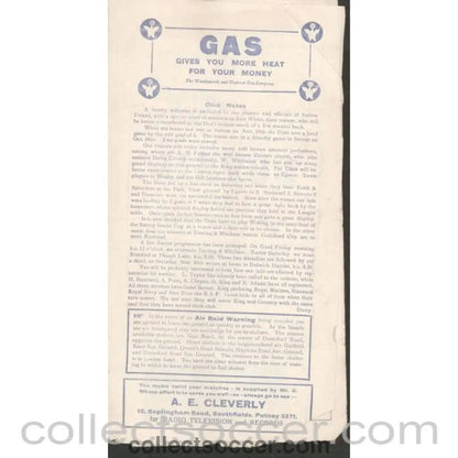 1940 - Rare War League Official Programme Wimbledon v Sutton United 16/3/1940 - Collect Soccer