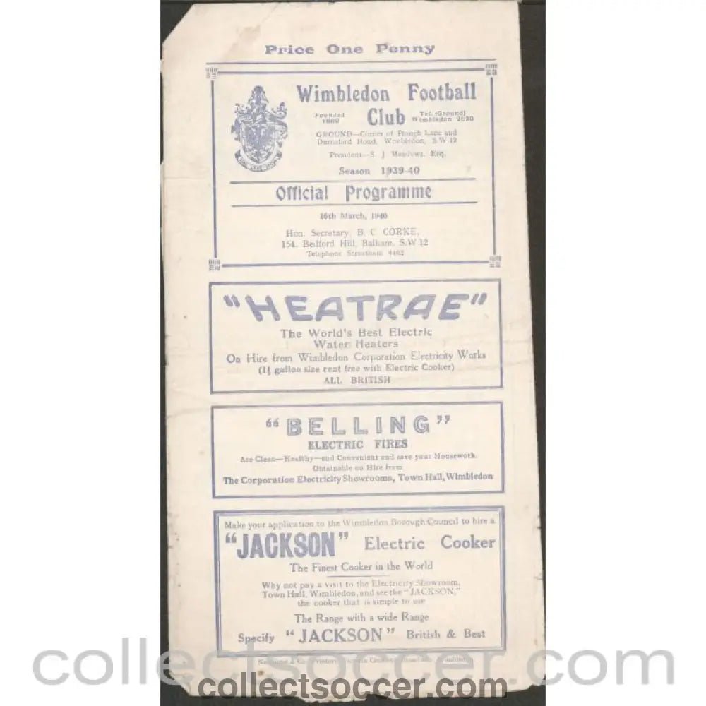 1940 - Rare War League Official Programme Wimbledon v Sutton United 16/3/1940 - Collect Soccer