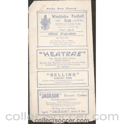 1940 - Rare War League Official Programme Wimbledon v Sutton United 16/3/1940 - Collect Soccer