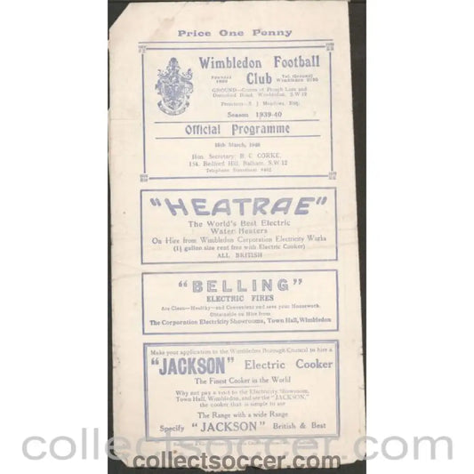 1940 - Rare War League Official Programme Wimbledon v Sutton United 16/3/1940 - Collect Soccer