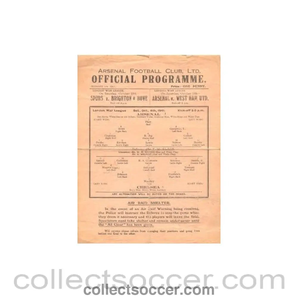 1941 - Arsenal v Chelsea official programme 04/10/1941