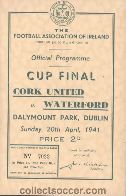 1941 Cork v Waterford Cup Munster Senior Cup Final Programme - Collect Soccer