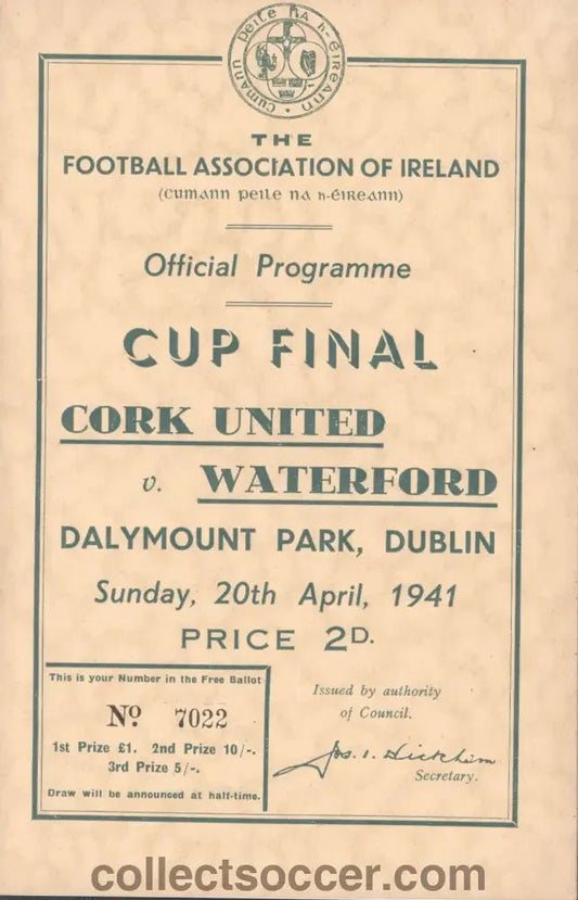 1941 Cork v Waterford Cup Munster Senior Cup Final Programme - Collect Soccer