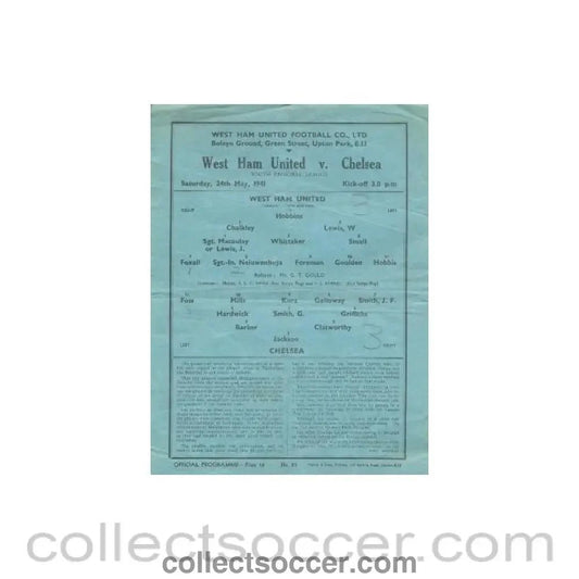 1941 - West Ham United vChelsea official programme 24/05/1941 - Collect Soccer