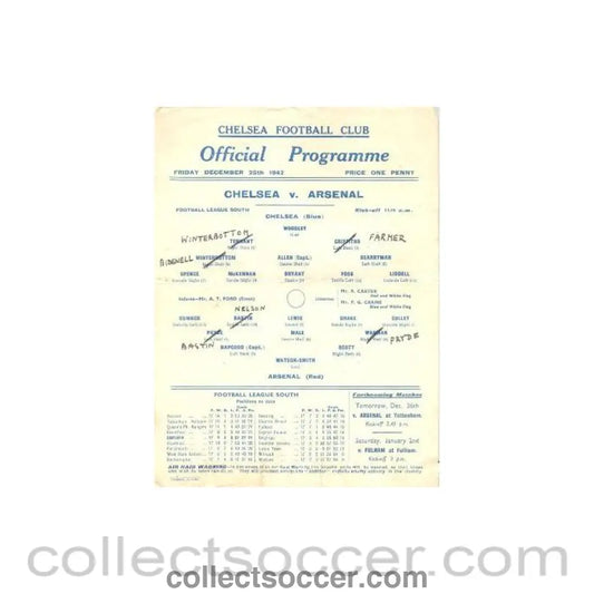 1942 - Chelsea v Arsenal official programme 25/12/1942