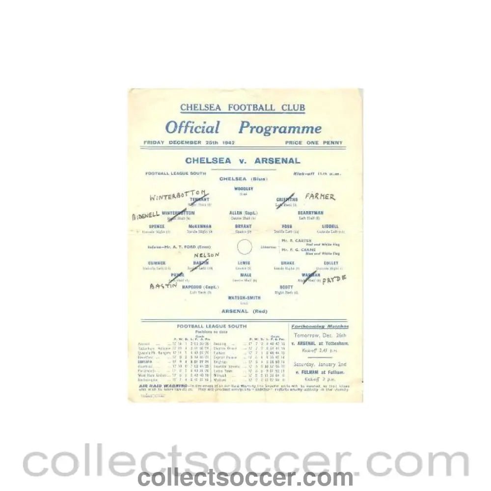 1942 - Chelsea v Arsenal official programme 25/12/1942 - Collect Soccer