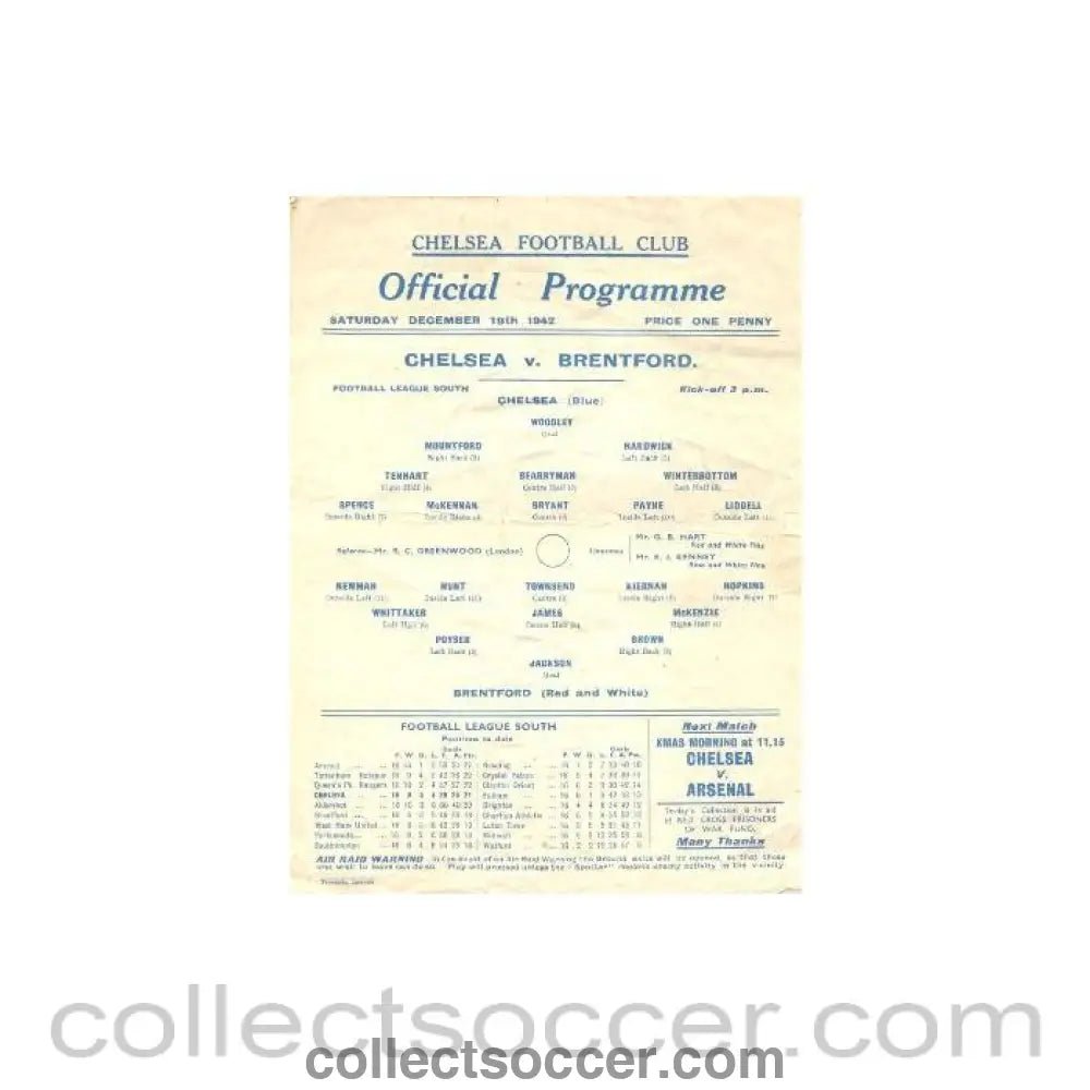 1942 - Chelsea v Brentford official programme 19/12/1942 - Collect Soccer