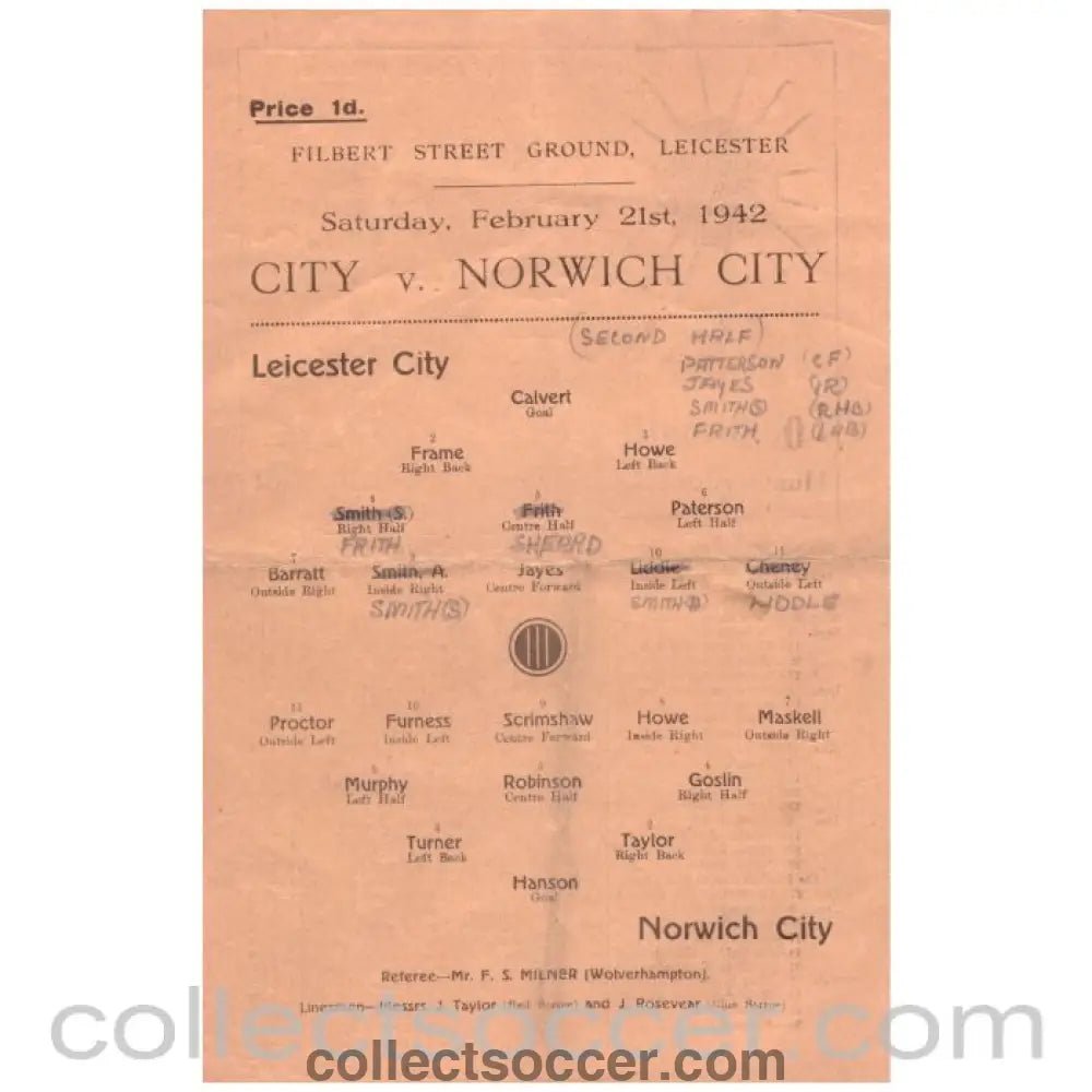 1942 Leicester City v Norwich City Programme - Collect Soccer