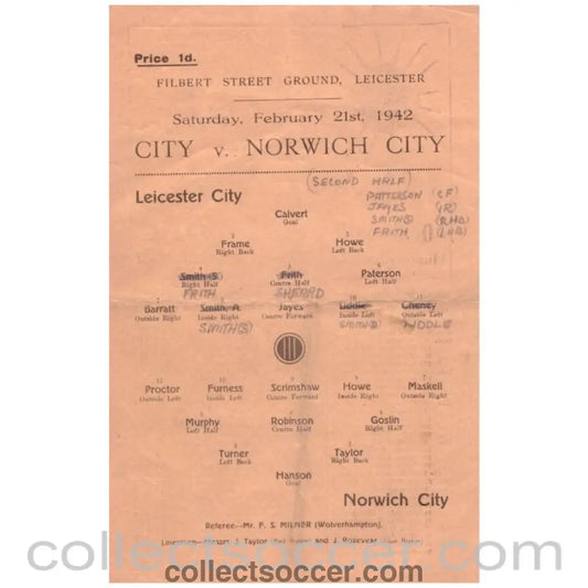 1942 Leicester City v Norwich City Programme - Collect Soccer