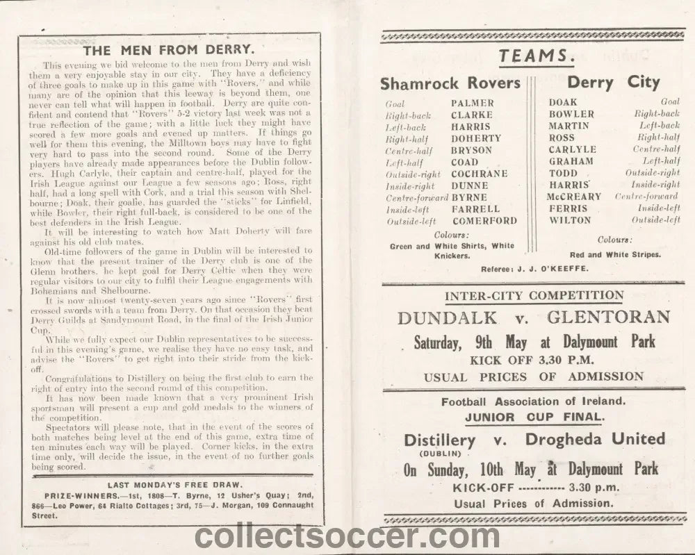 1942 Shamrock Rovers v Derry City Programme - Collect Soccer