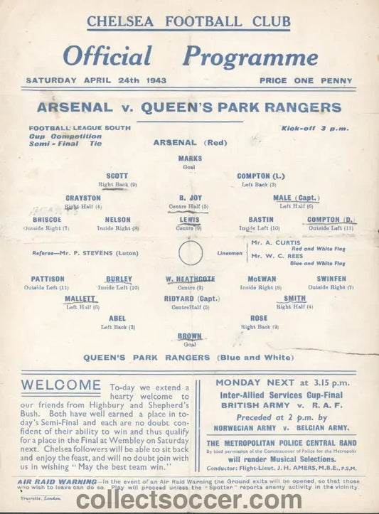 1943 At Chelsea Arsenal v Queens Park Rangers Football League South Semi Final Programme - Collect Soccer