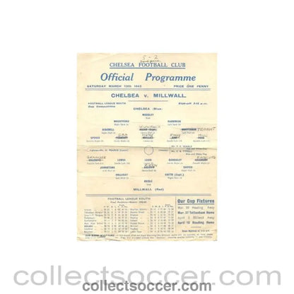 1943 - Chelsea v Millwall official programme 13/03/1943