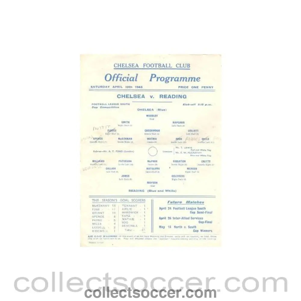 1943 - Chelsea v Reading official programme 10/04/1943
