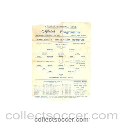 1943 - Chelsea v Tottenham Hotspur official programme 06/02/1943 - Collect Soccer