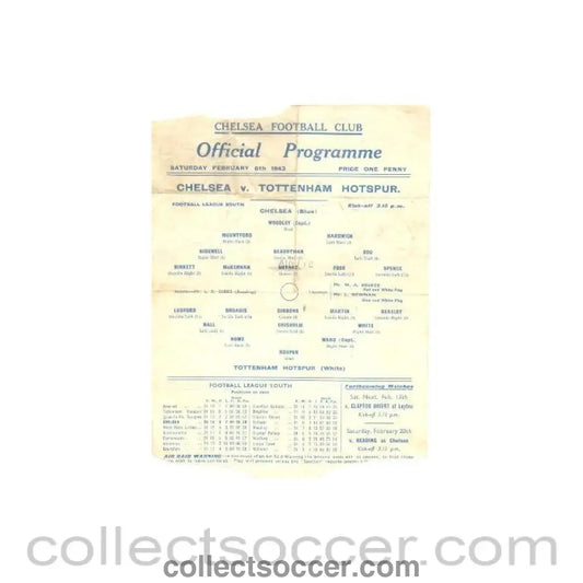 1943 - Chelsea v Tottenham Hotspur official programme 06/02/1943