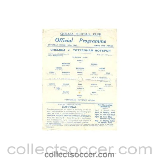 1943 - Chelsea v Tottenham Hotspur official programme 27/03/1943