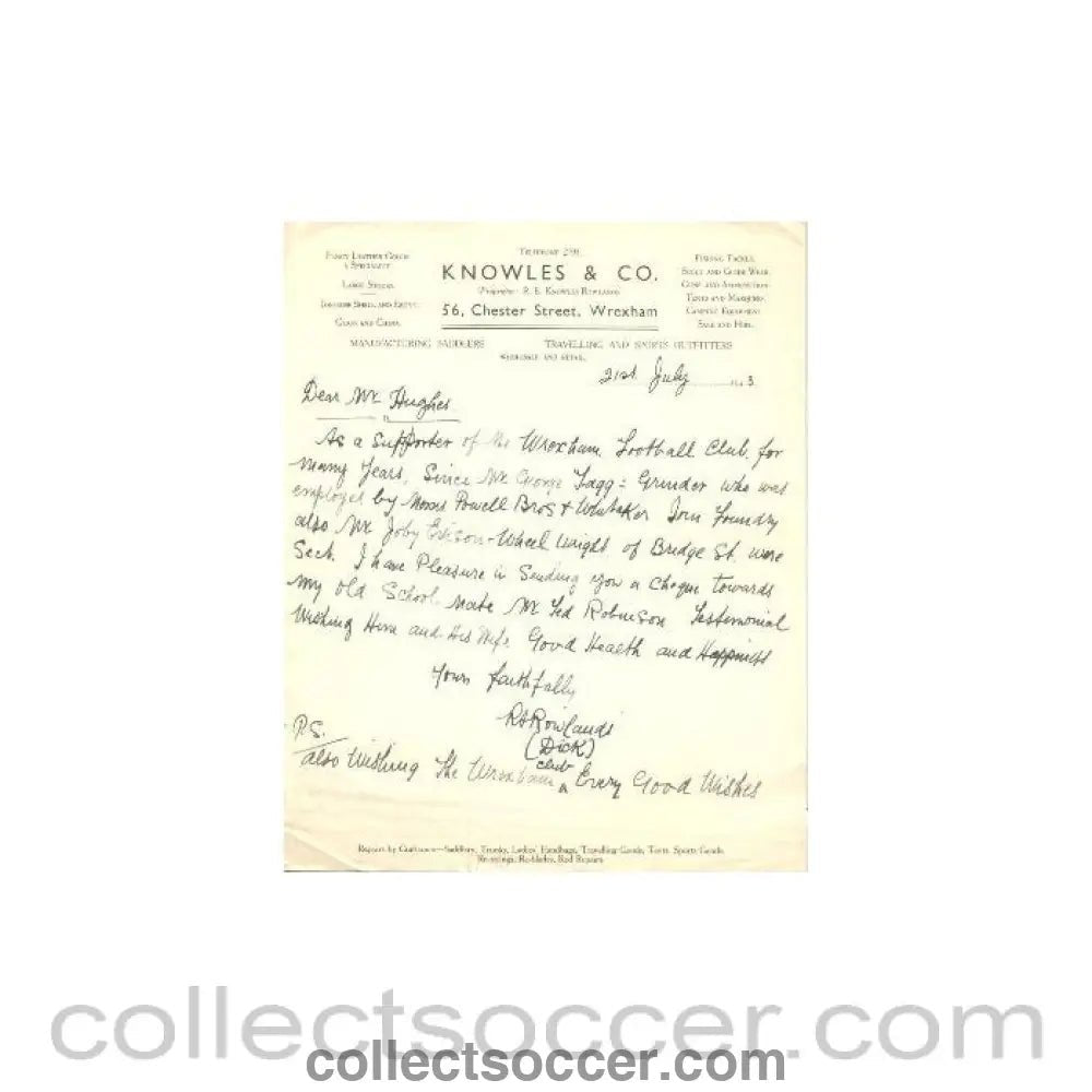 1943 - Knowles & Co. letter about Wrexham Football Club of 21/07/1943 - Collect Soccer