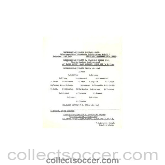 1943 - Metropolitan Police v Charlton Rovers official programme 02/10/1943 - Collect Soccer