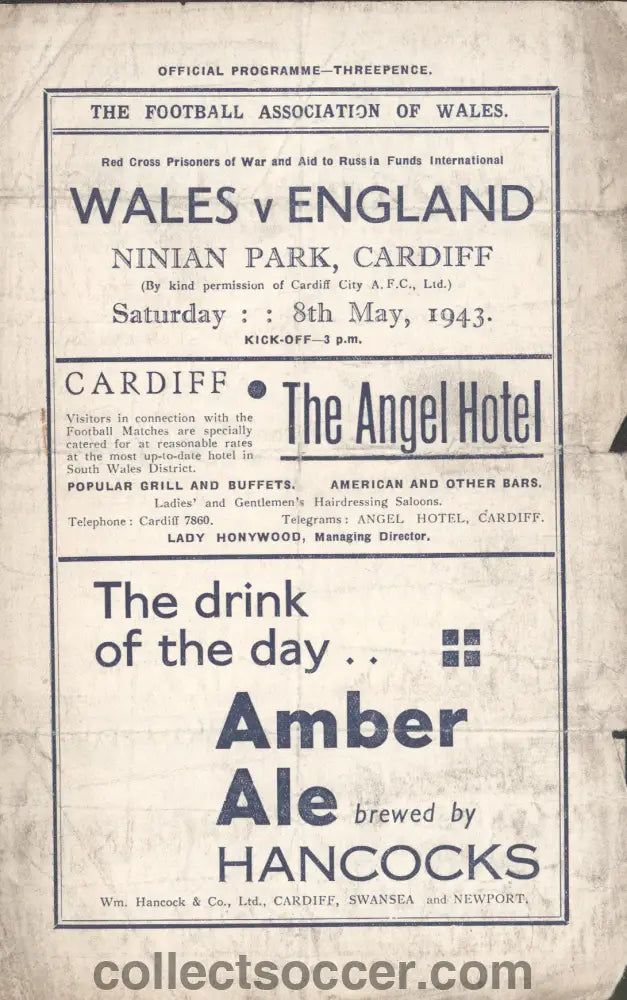 1943 Played at Cardiff City Wales v England Football Programme
