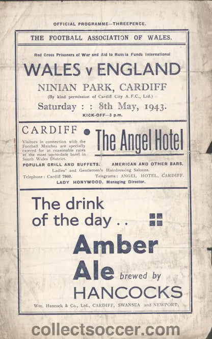 1943 Played at Cardiff City Wales v England Football Programme