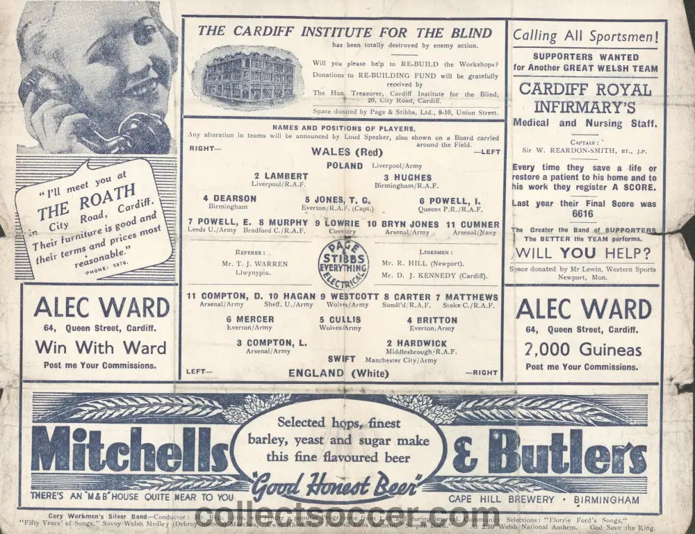 1943 Played at Cardiff City Wales v England Football Programme