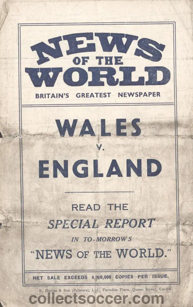 1943 Played at Cardiff City Wales v England Football Programme