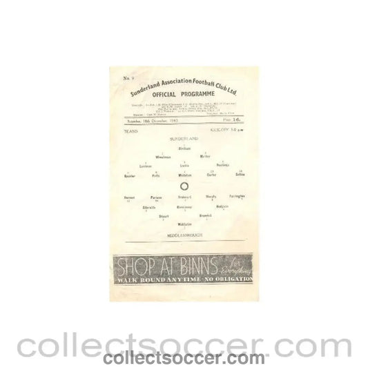 1943 - Sunderland v Middlesbrough official programme 18/12/1943 - Collect Soccer