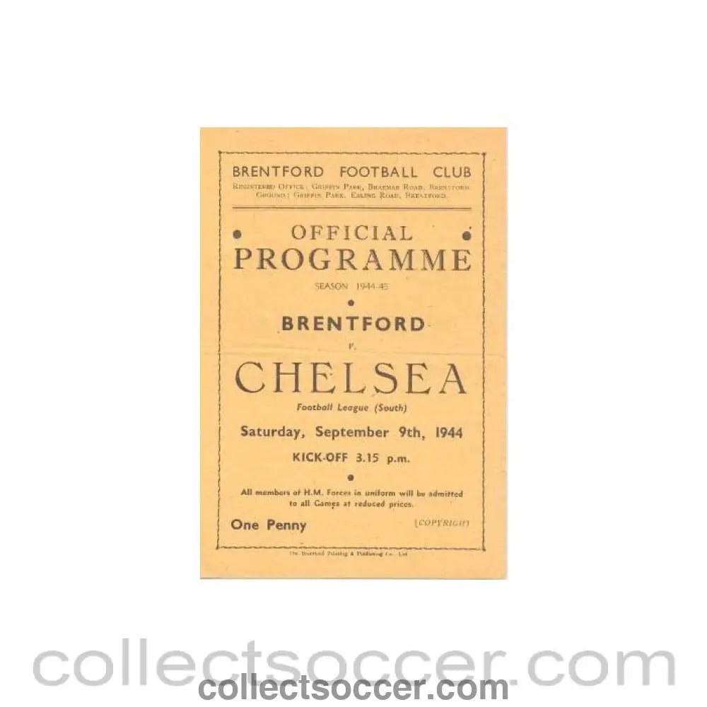 1944 - Brentford vChelsea official programme 09/09/1944 - Collect Soccer