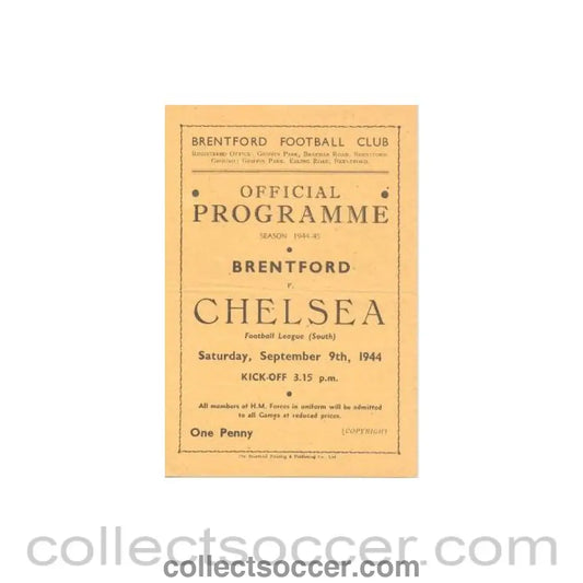 1944 - Brentford vChelsea official programme 09/09/1944 - Collect Soccer