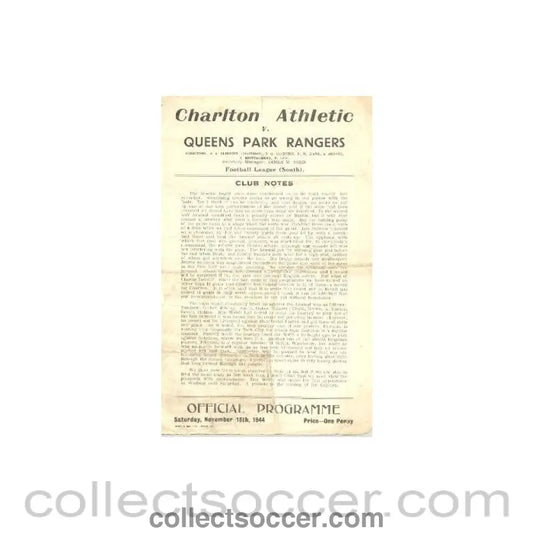 1944 - Charlton Athletic v Queen’s Park Rangers official programme 18/11/1944