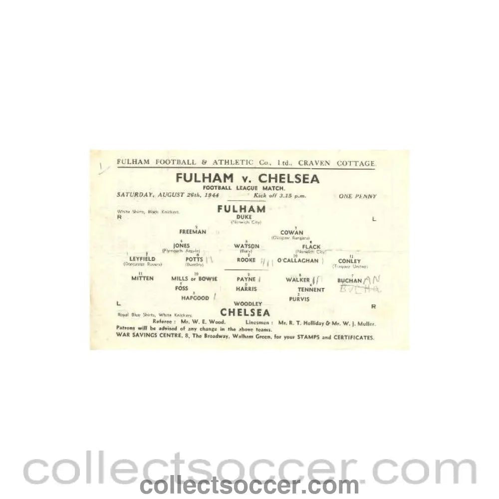 1944 - Fulham vChelsea official programme 26/08/1944 Football League - Collect Soccer