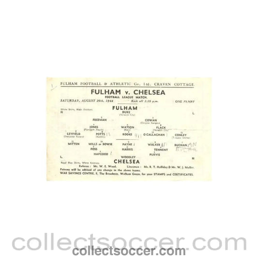 1944 - Fulham vChelsea official programme 26/08/1944 Football League - Collect Soccer