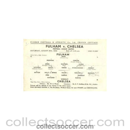 1944 - Fulham vChelsea official programme 26/08/1944 Football League - Collect Soccer