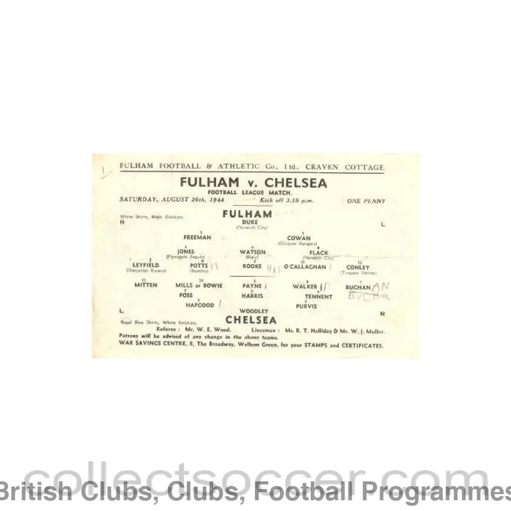 1944 - Fulham vChelsea official programme 26/08/1944 Football League