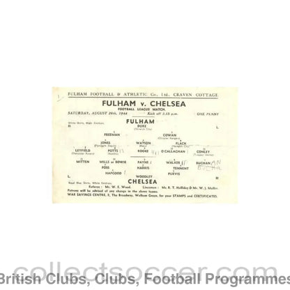 1944 - Fulham vChelsea official programme 26/08/1944 Football League