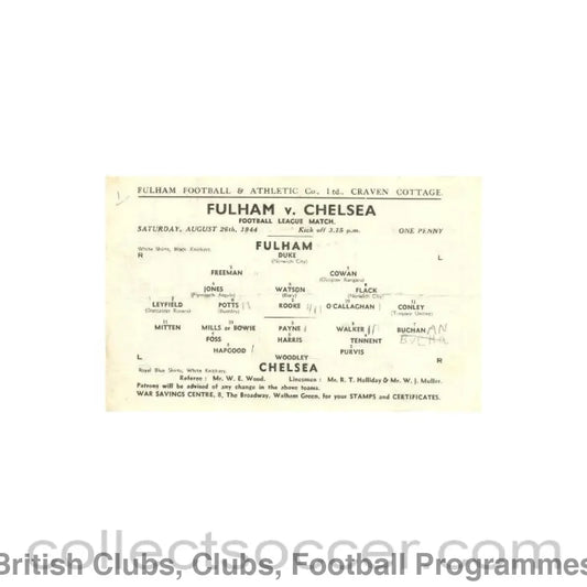 1944 - Fulham vChelsea official programme 26/08/1944 Football League