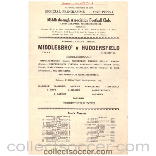 1944 Middlesbrough v Huddersfield Football Programme - Collect Soccer